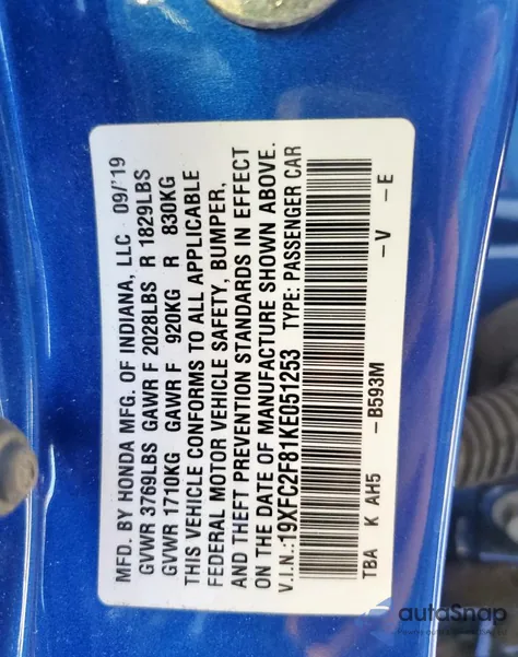 2019 Honda Civic Sport из США, поврежденный, VIN 19XFC2F81KE051253